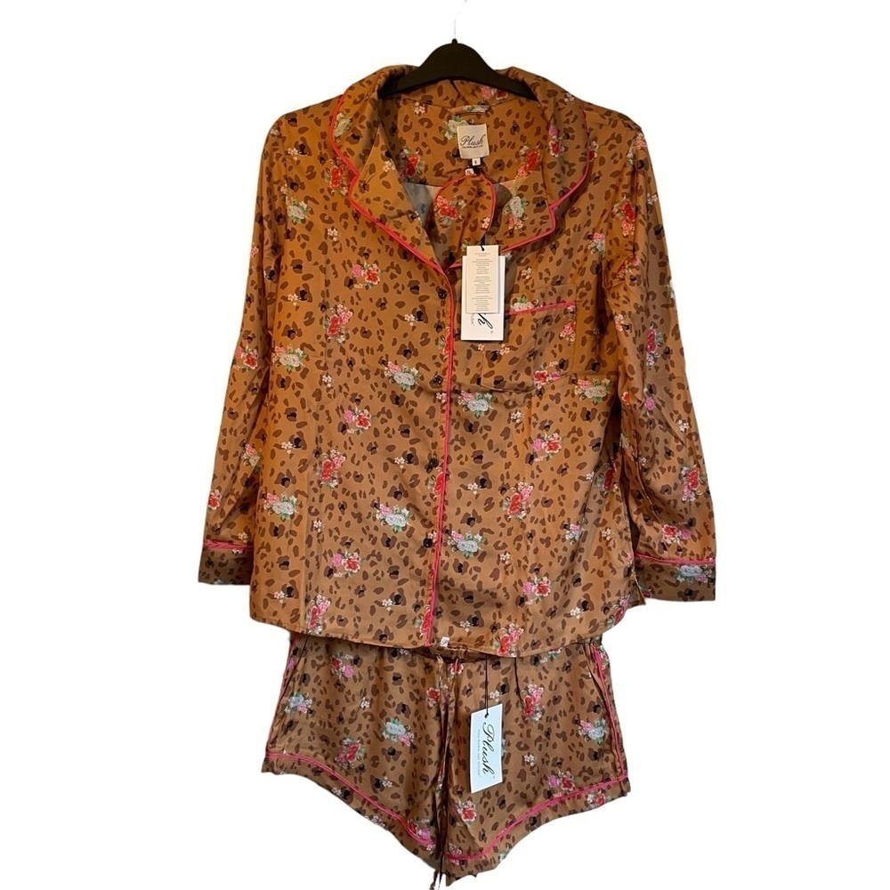 Plush‎ Apparel 3 piece Satin Pajama & Eye Mask Set Florals and Animal Print NWT - Picture 3 of 15